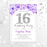 Invitación 16.ª fiesta de cumpleaños - Púrpura de Plata Blanc<br><div class="desc">16ª Invitación a la Fiesta de Cumpleaños Diseño elegante en finas platas purpurinas,  moradas y blancas. Elegante invitación floral con diamantes y rosas. Perfecto para una celebración de glam. Por favor,  envíeme un mensaje si necesita más personalización.</div>