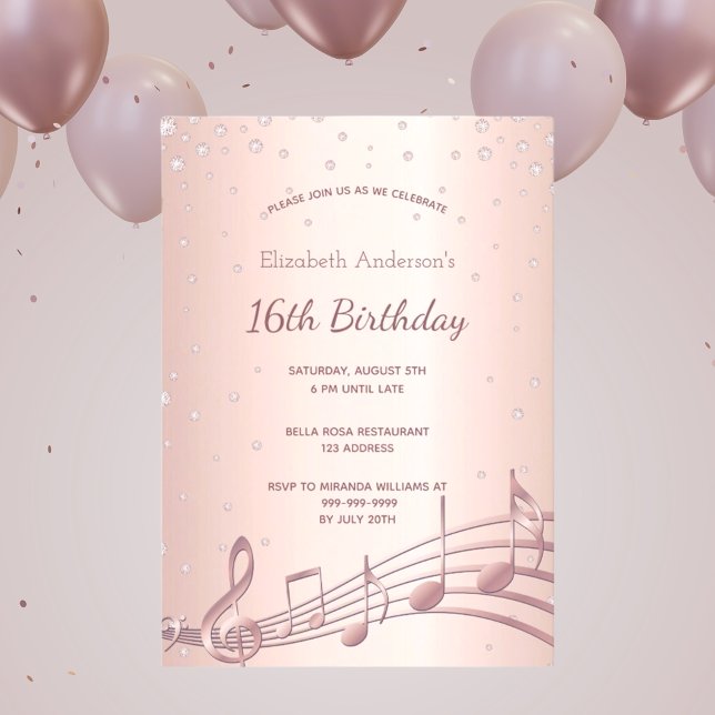 Invitación 16.ª fiesta de cumpleaños rosa de diamantes de oro (Subido por el creador)