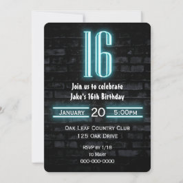 Invitación 16.ª fiesta de cumpleaños Rótulo neón en ladrillo