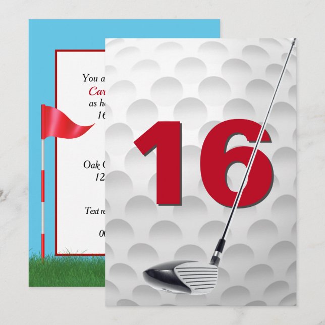 Invitación 16.ª fiesta de cumpleaños Tema del golf (Anverso / Reverso)