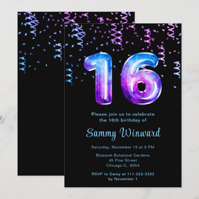Invitación 16.ª galaxia de cumpleaños con confetti (Anverso / Reverso)