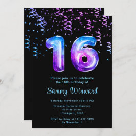 Invitación 16.ª galaxia de cumpleaños con confetti