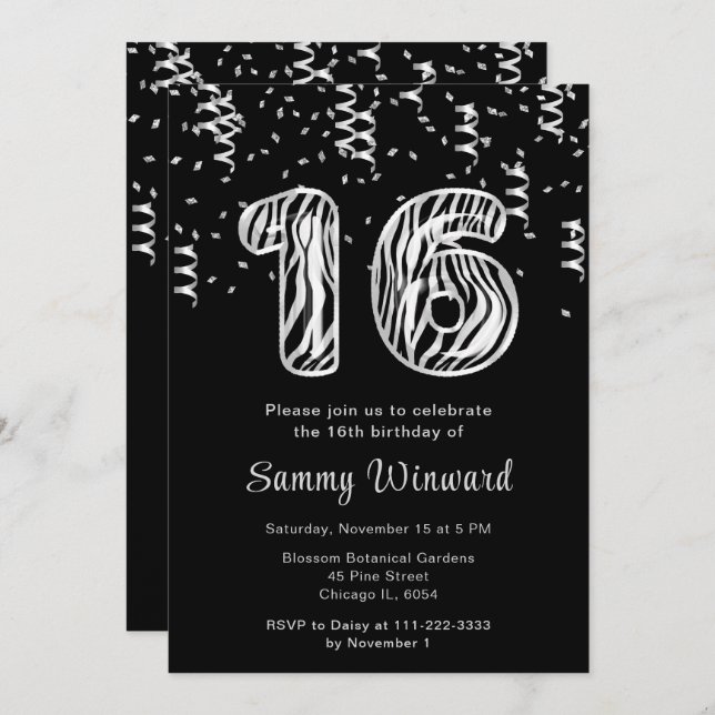 Invitación 16.ª imprenta de cebra de cumpleaños con confetti (Anverso / Reverso)