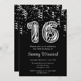 Invitación 16.ª imprenta de cebra de cumpleaños con confetti