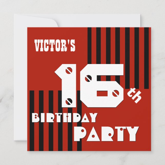 Invitación 16.ª o cualquier cumpleaños Black Stripes T16A mod (Anverso)