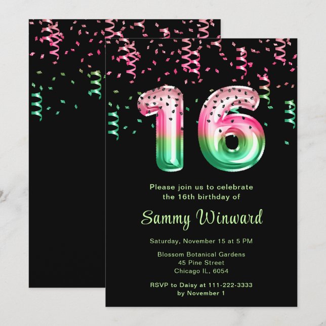 Invitación 16.ª sandía de cumpleaños con Confetti (Anverso / Reverso)