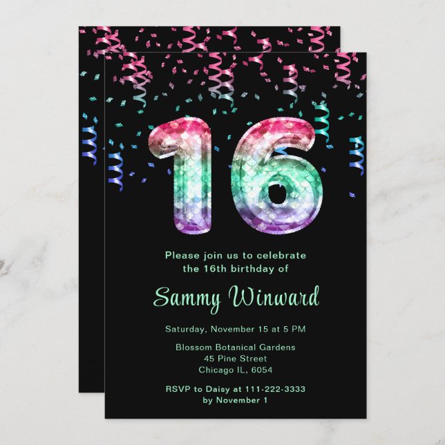 Invitación 16.ª sirena con Confetti (Anverso / Reverso)