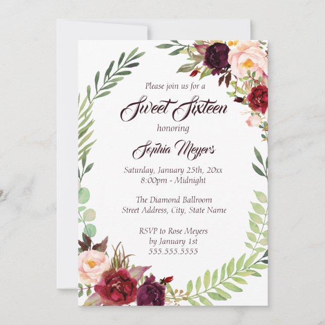 Invitación 16.ª Wreath Floral Borgoña Sweet 16 (Anverso)
