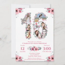 Invitación 16.º Collage de fotos Chica de cumpleaños Flor ros