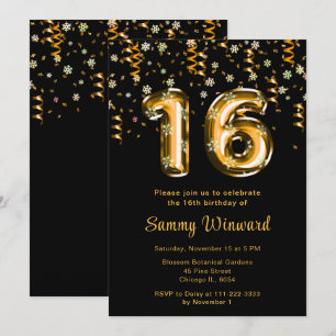 Invitación 16.º Confetti de copos de nieve con globos de oro