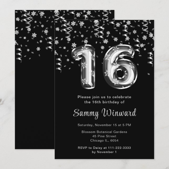 Invitación 16.º Confetti de copos de nieve con globos de plat (Anverso / Reverso)