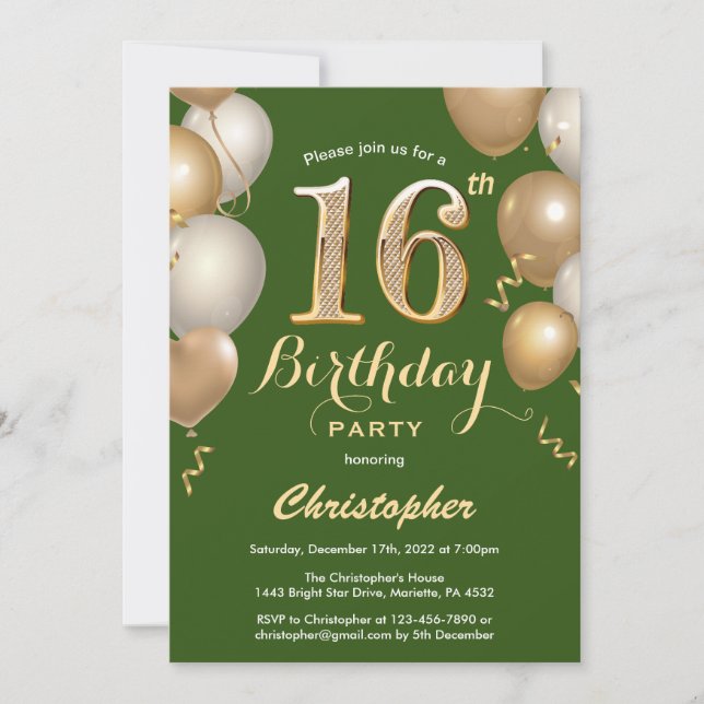 Invitación 16.º Confetti de Globos Verdes y Oro (Anverso)