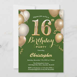 Invitación 16.º Confetti de Globos Verdes y Oro