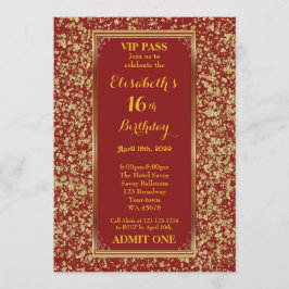 Invitación 16.º cumpleaños 16.º Purpurina Rojo, boleto, oro r