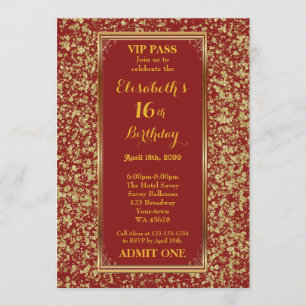 Invitación 16.º cumpleaños 16.º Purpurina Rojo, boleto, oro r