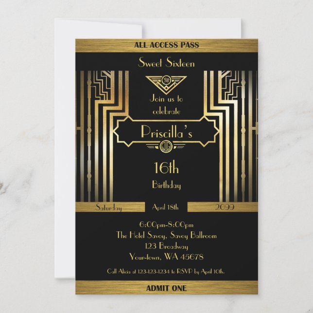 Invitación 16.º cumpleaños 16, estilo Gatsby, negro y oro (Anverso)