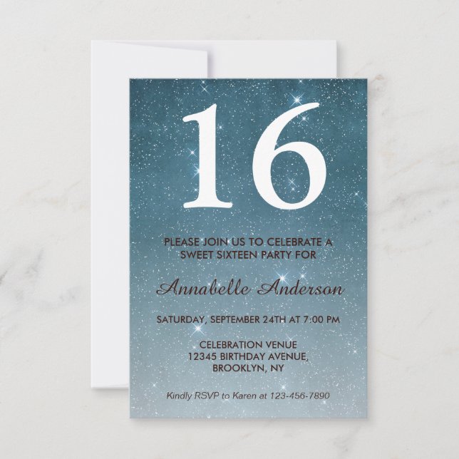 Invitación 16.º cumpleaños Blue Midnight Sky Star Sweet 16 (Anverso)