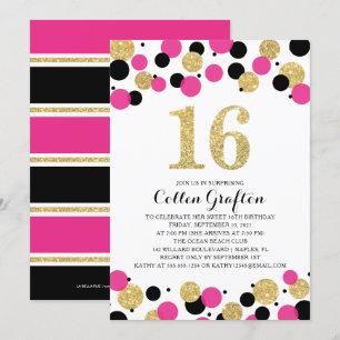 Invitación 16.º cumpleaños Confetti Purpurina de oro negro y 