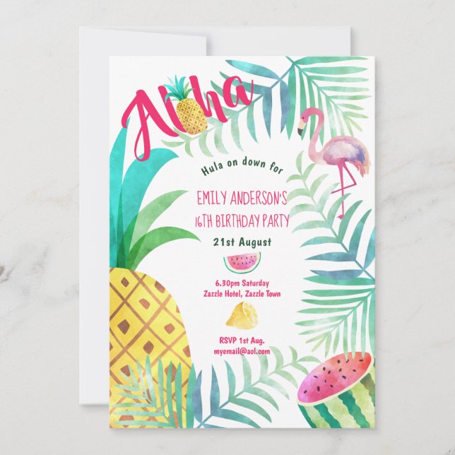 Invitación 16.º cumpleaños de piña tropical invita a Flamingo (Anverso)