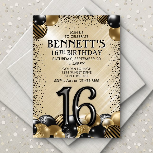 Invitación 16.º cumpleaños del oro negro de los globos (Subido por el creador)