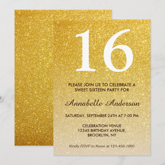 Invitación 16.º cumpleaños elegante Purpurina Ombre amarillo (Anverso / Reverso)