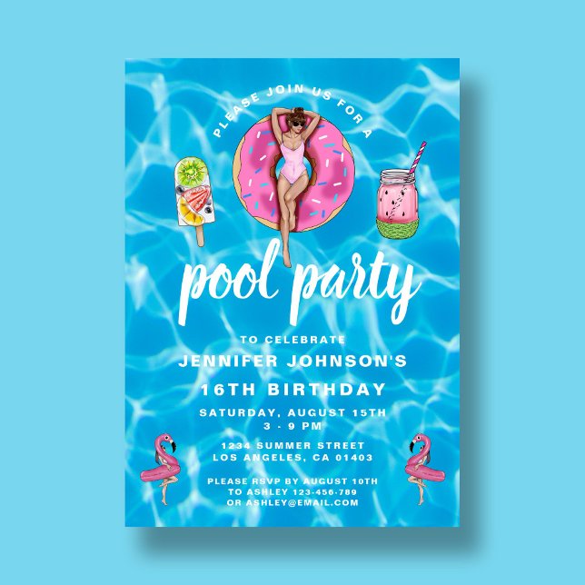 Invitación 16.º cumpleaños Fiesta de piscina de verano rosa (16th Birthday Cute Pink Summer Pool Party Invitation)