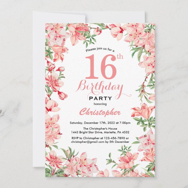 Invitación 16.º Cumpleaños Flores Botánicas De Boho Rosa (Anverso)