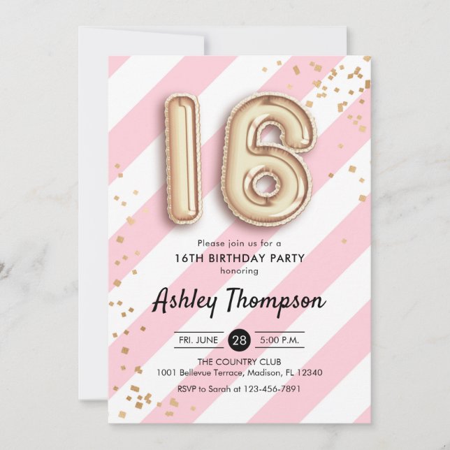 Invitación 16.º cumpleaños - Globos de oro de franjas rosadas (Anverso)
