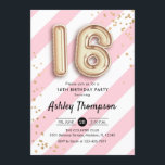 Invitación 16.º cumpleaños - Globos de oro de franjas rosadas<br><div class="desc">Dulce invitación a la fiesta de cumpleaños número 16. Elegante diseño en falso oro purpurina con rayas rosas y blancas. Invitar tarjeta con el número de oro 16 globos,  letra de guión con confeti. Perfecto para una elegante celebración de 16 días. Mándame un mensaje si necesitas edad personalizado.</div>