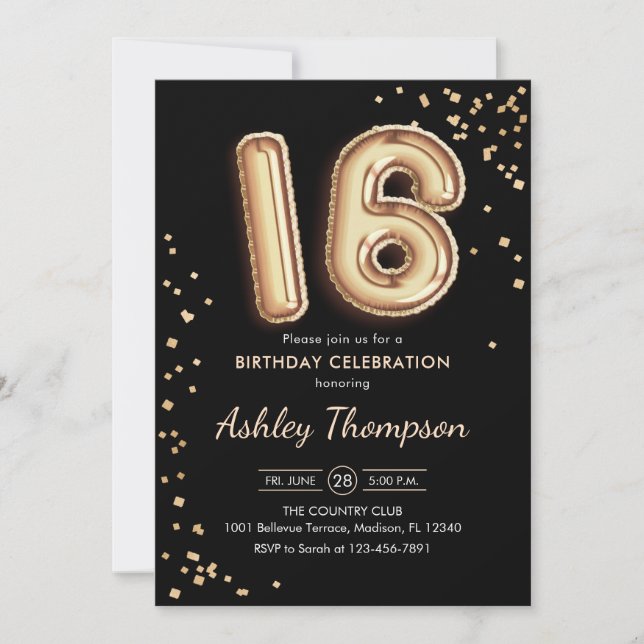 Invitación 16.º cumpleaños - Globos de oro Negro (Anverso)