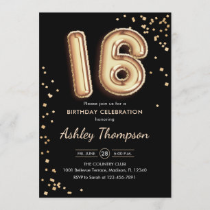 Invitación 16.º cumpleaños - Globos de oro Negro