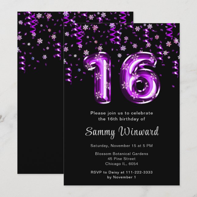 Invitación 16.º Cumpleaños Globos Púrpura Confetti de copo de (Anverso / Reverso)