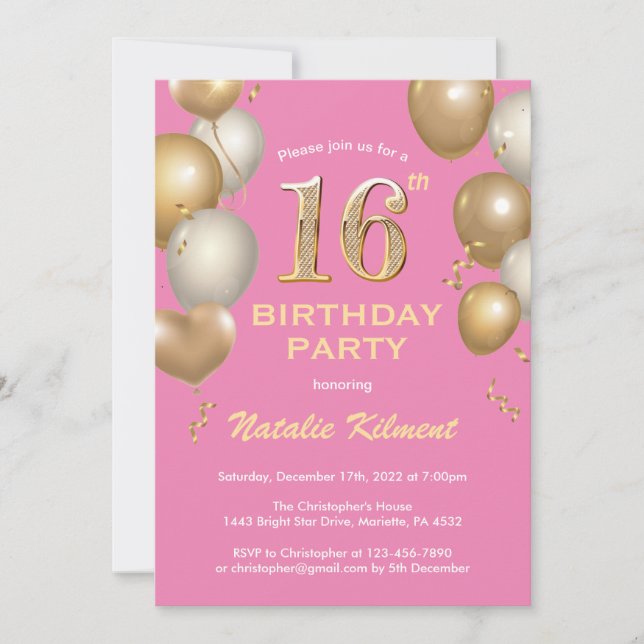 Invitación 16.º cumpleaños Globos rosados y de oro (Anverso)