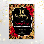 Invitación 16.º cumpleaños - Impresión de leopardo de las ros<br><div class="desc">16ª Invitación de cumpleaños. Elegante diseño blanco y negro rojo con falso oro purpurina. Presenta impresión animal leopard cheetah,  fuente de guiones y rosas. Perfecto para una elegante fiesta de cumpleaños. ¡Puede ser personalizado en cualquier año! Mándame un mensaje si necesitas más personalización.</div>