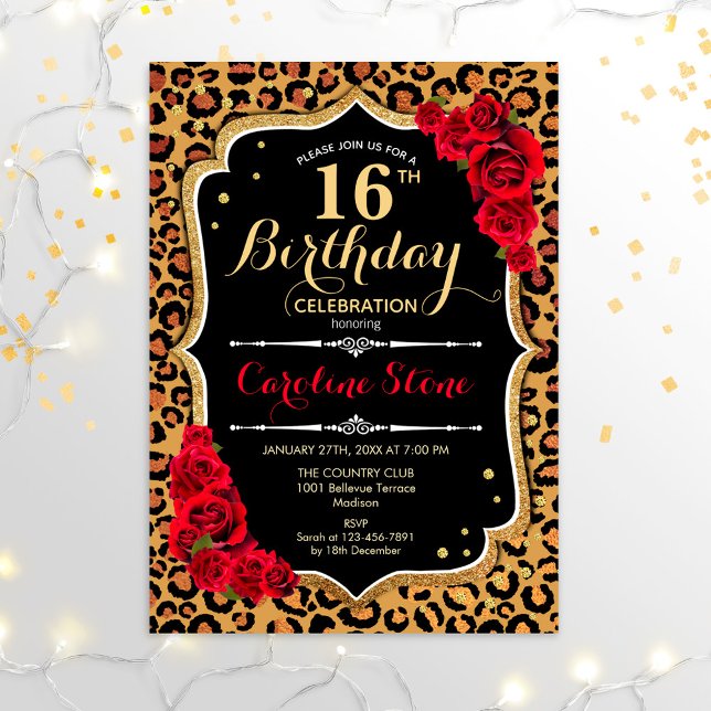 Invitación 16.º cumpleaños - Impresión de leopardo de las ros (Subido por el creador)