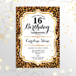 Invitación 16.º cumpleaños - Impresión de Leopardo de oro<br><div class="desc">16ª Invitación de cumpleaños. Elegante diseño en falso oro purpurina y blanco. Presenta impresión animal leopard cheetah,  fuente de guiones y rosas. Perfecto para una elegante fiesta de cumpleaños. ¡Puede ser personalizado en cualquier año! Mándame un mensaje si necesitas más personalización.</div>