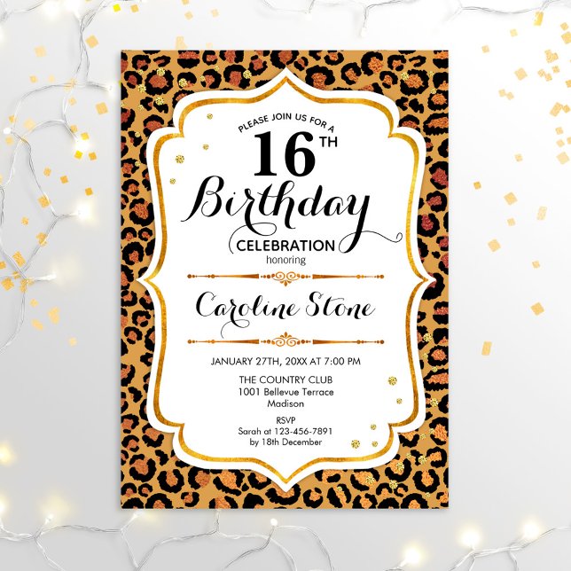 Invitación 16.º cumpleaños - Impresión de Leopardo de oro (Subido por el creador)