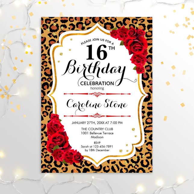 Invitación 16.º cumpleaños - Impresión de Leopardo Rojo de Or (Subido por el creador)
