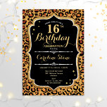 Invitación 16.º cumpleaños - Leopard Print<br><div class="desc">16ª Invitación de cumpleaños. Elegante diseño blanco negro con falso oro purpurina. Incluye tipografía de animales leopard cheetah y letra de guión. Perfecto para una elegante fiesta de cumpleaños. ¡Puede ser personalizado en cualquier año! Mándame un mensaje si necesitas más personalización.</div>