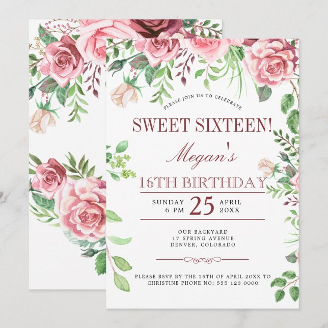Invitación 16.º cumpleaños Moda de rosas rosadas Dulce Diecis (Anverso / Reverso)