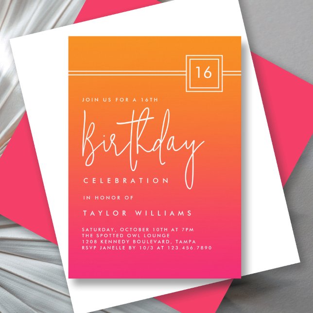 Invitación 16.º cumpleaños Naranja rosado caliente negrita Si (Subido por el creador)