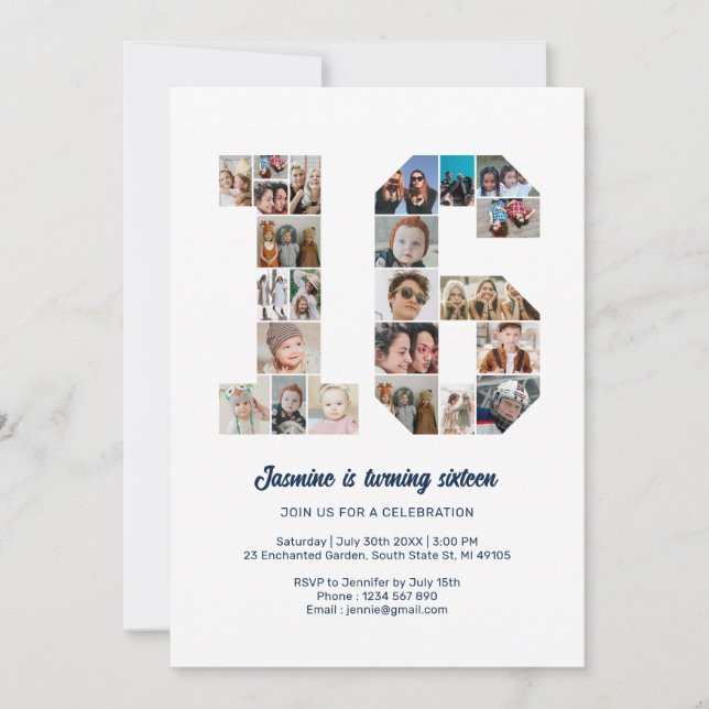 Invitación 16.º cumpleaños número 16 Collage de fotos Persona (Anverso)