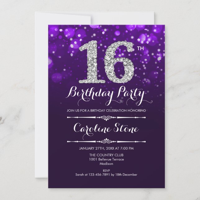Invitación 16.º cumpleaños - Plata morada (Anverso)