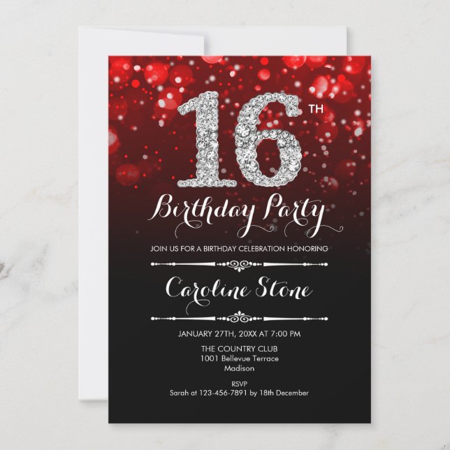 Invitación 16.º cumpleaños - Plata roja (Anverso)