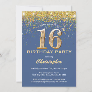 Invitación 16.º cumpleaños Purpurina de oro y azul Confetti
