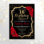 Invitación 16.º cumpleaños - Rosas rojas de oro negro<br><div class="desc">Invitación a la celebración de 16 años. Elegante diseño negro con falso oro purpurina y rosas rojas. Perfecto para una elegante fiesta de cumpleaños. Se puede personalizar en cualquier edad.</div>