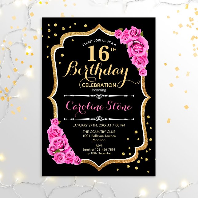 Invitación 16.º cumpleaños - rosas rosadas de oro negro (Subido por el creador)