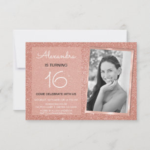 Invitación 16.º cumpleaños Sparkle Rosa Gold Rubor Foto rosa