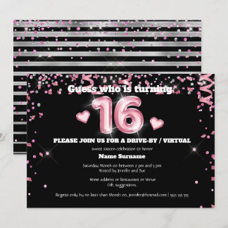 Invitación 16.º destello de corazón negro plateado purpurina