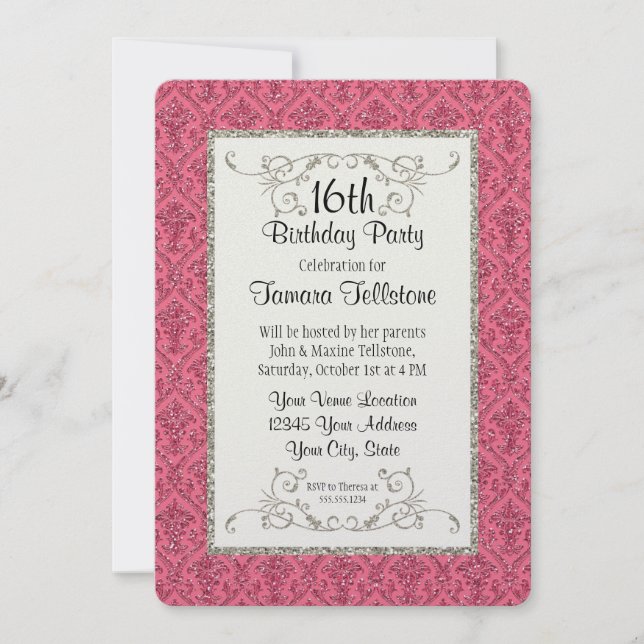 Invitación 16.º dulce dieciséis cumpleaños Purpurina de oro D (Anverso)